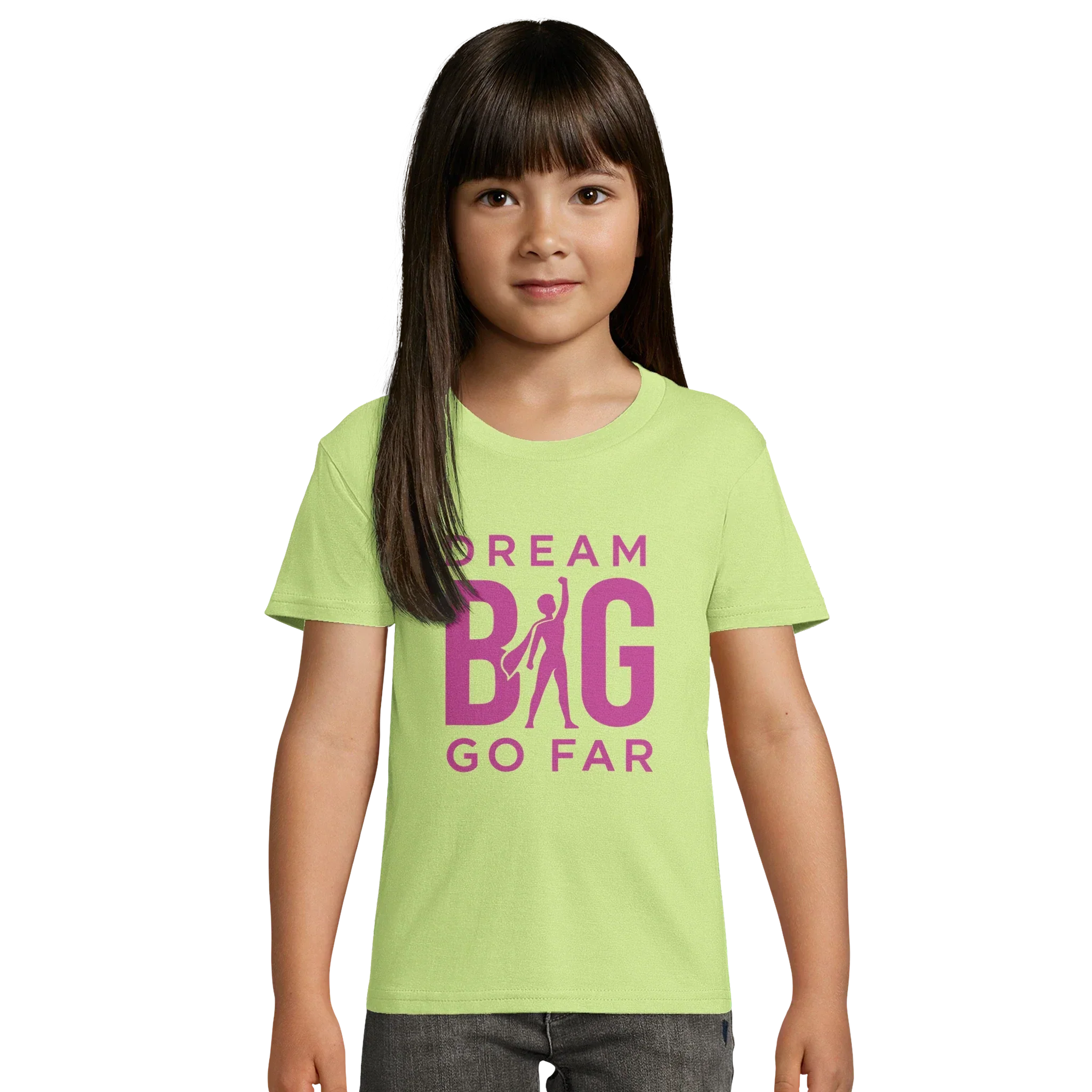 Young girl wearing light green organic cotton t-shirt with bold pink "Dream BIG Go Far" motivational print