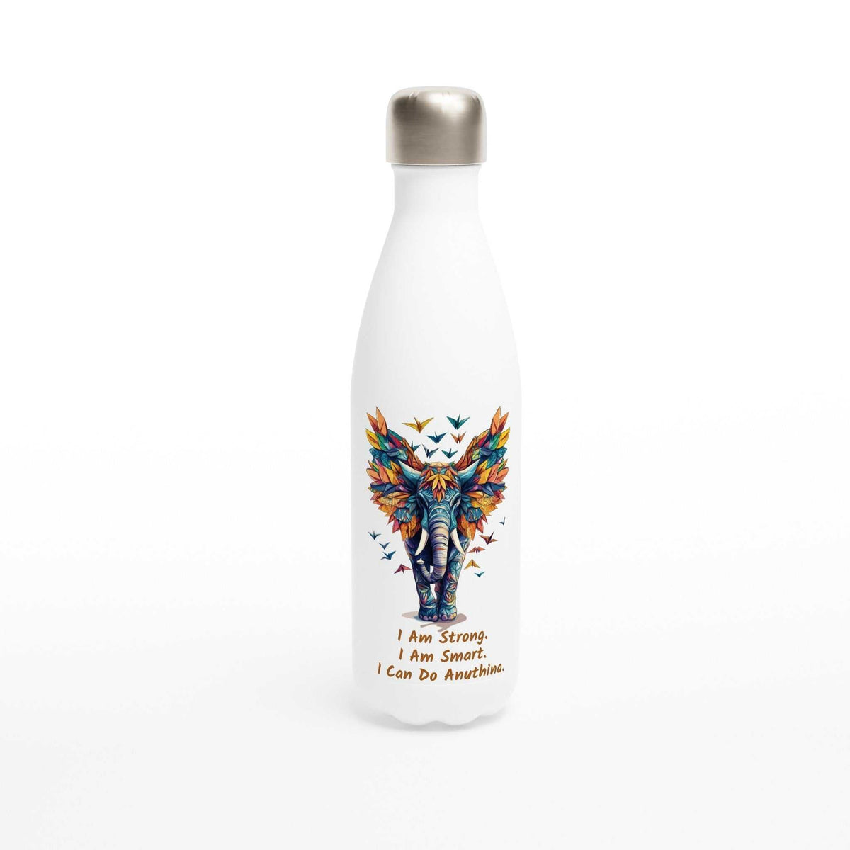 White stainless steel motivational water bottle with colorful elephant design and "I Am Strong. I Am Smart. I Can Do Anything." text, 500ml capacity.