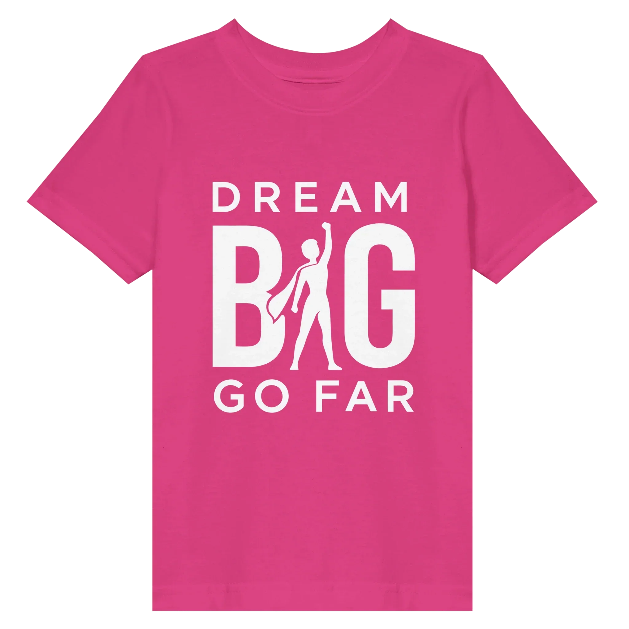 Pink toddler t-shirt with white "Dream BIG Go Far" motivational print and silhouette graphic