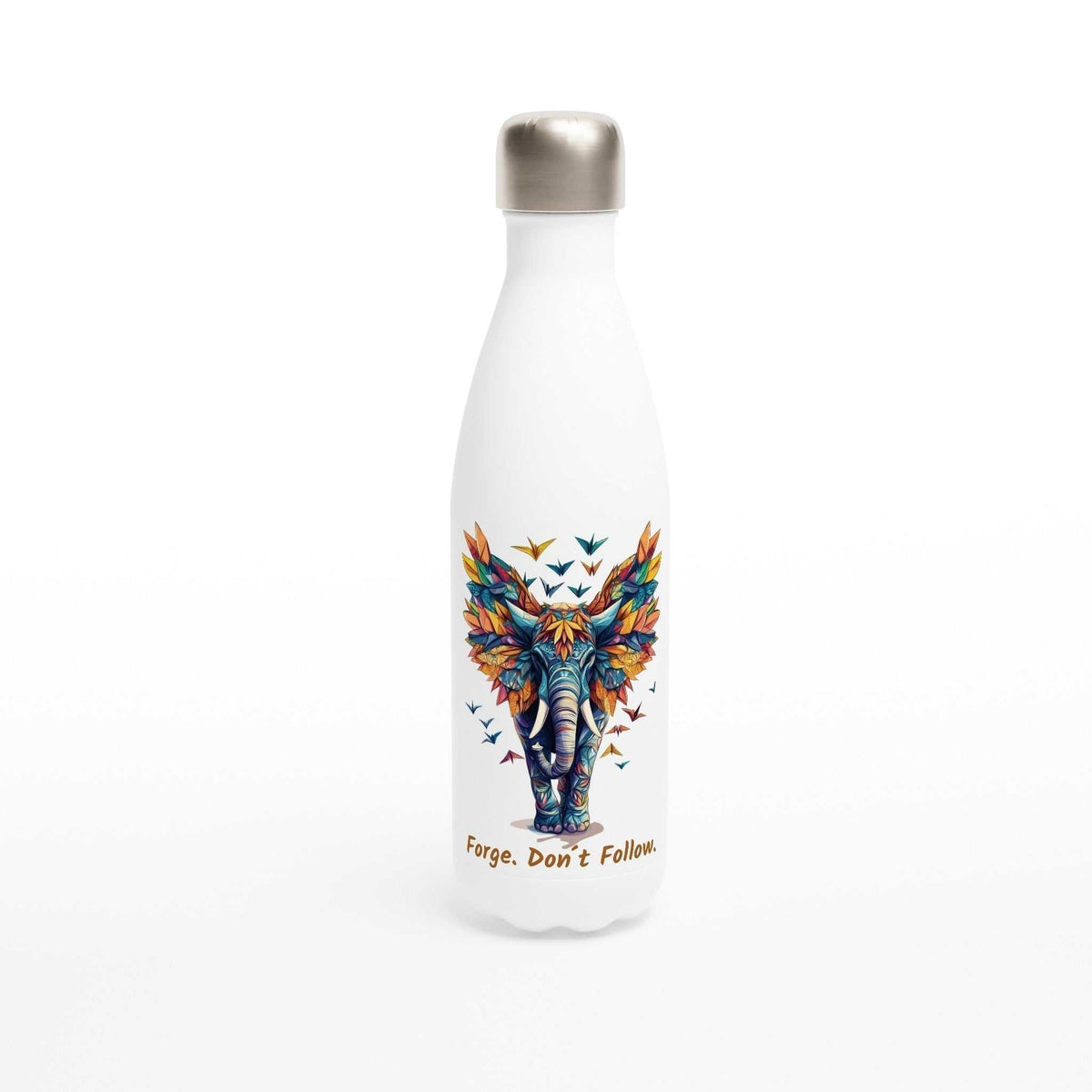 White 500ml stainless steel water bottle with colorful elephant design and "Forge. Don´t Follow." motivational text