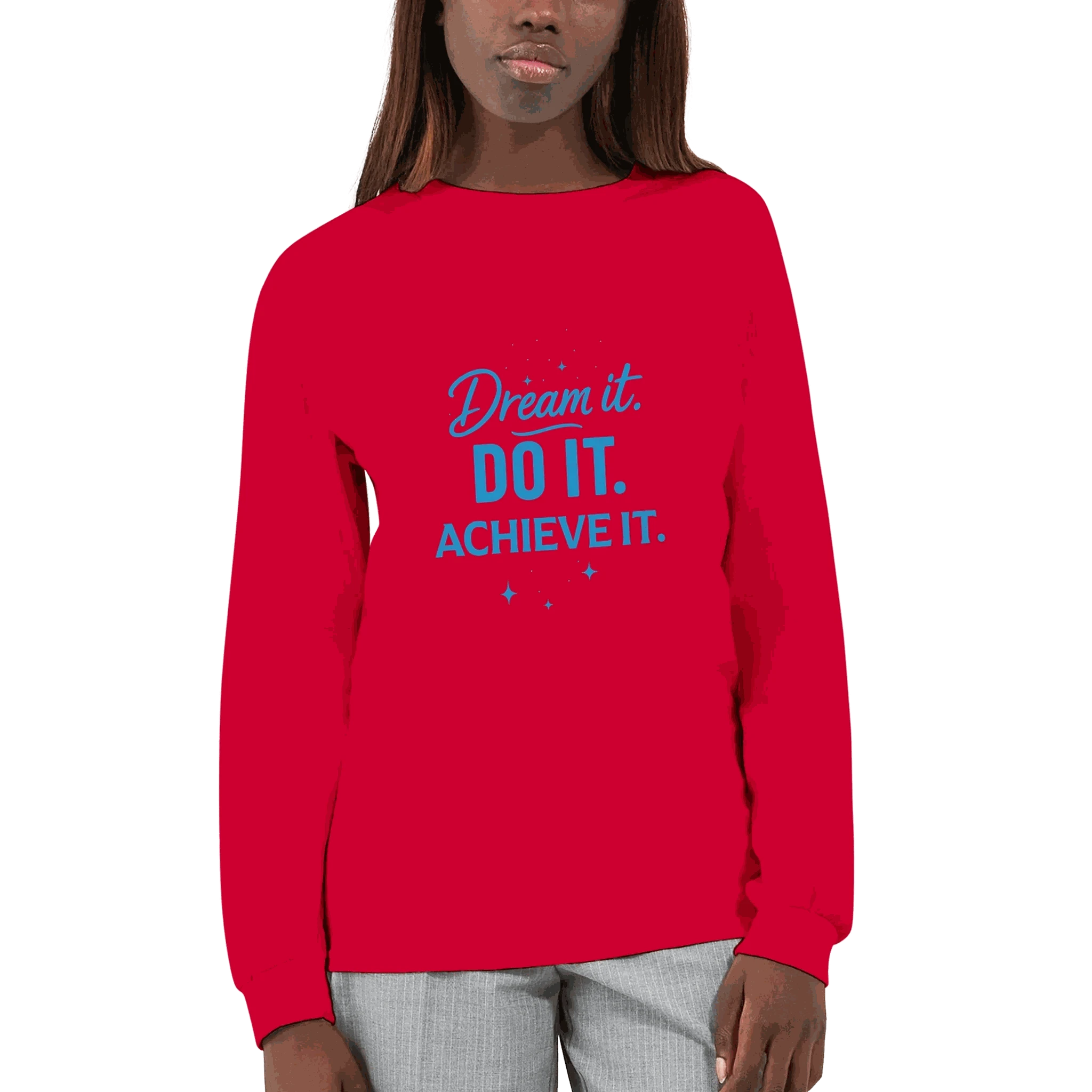 Red unisex longsleeve shirt with motivational "Dream it. Do it. Achieve it." text in blue