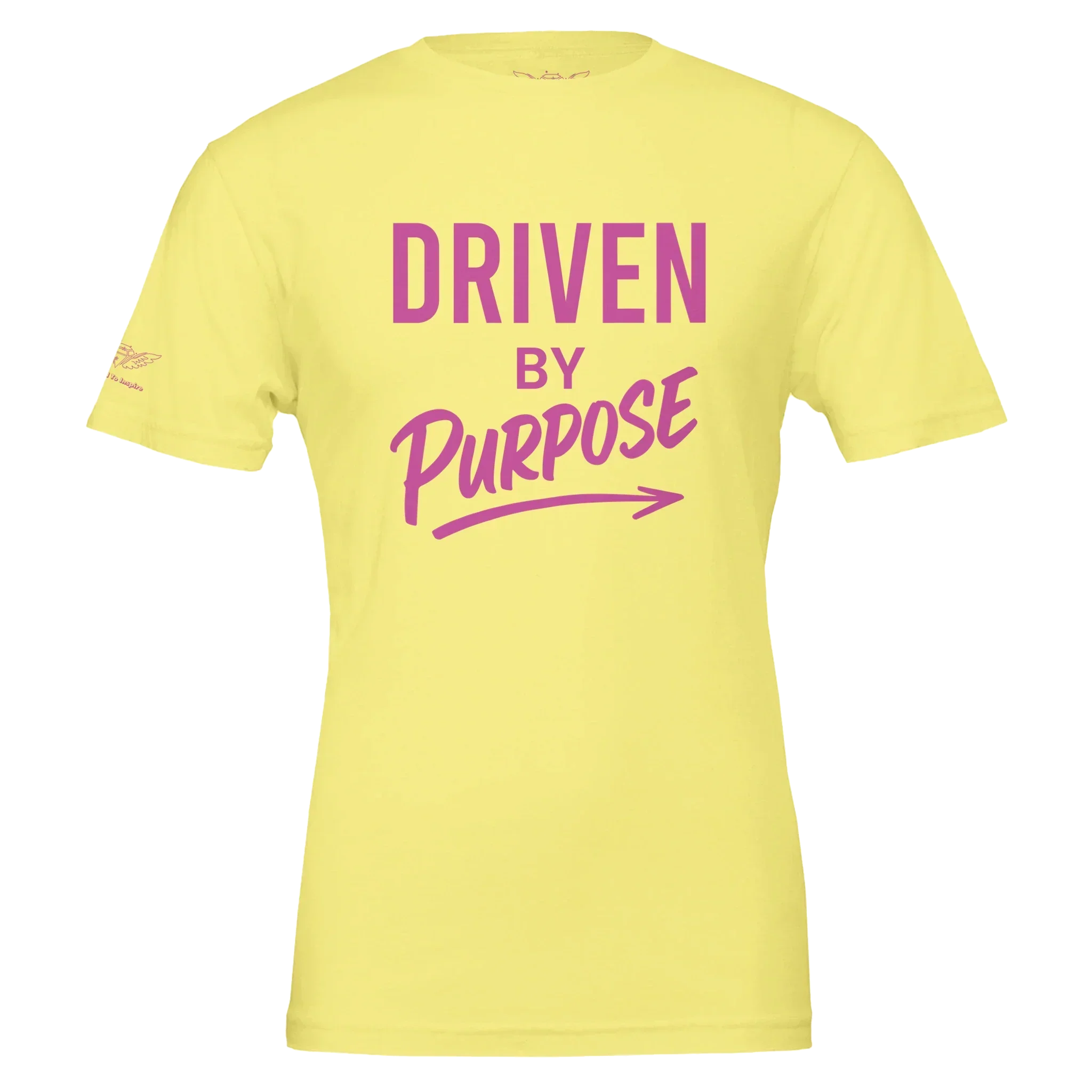 Yellow unisex t-shirt with pink Driven by Purpose motivational text and arrow design on front