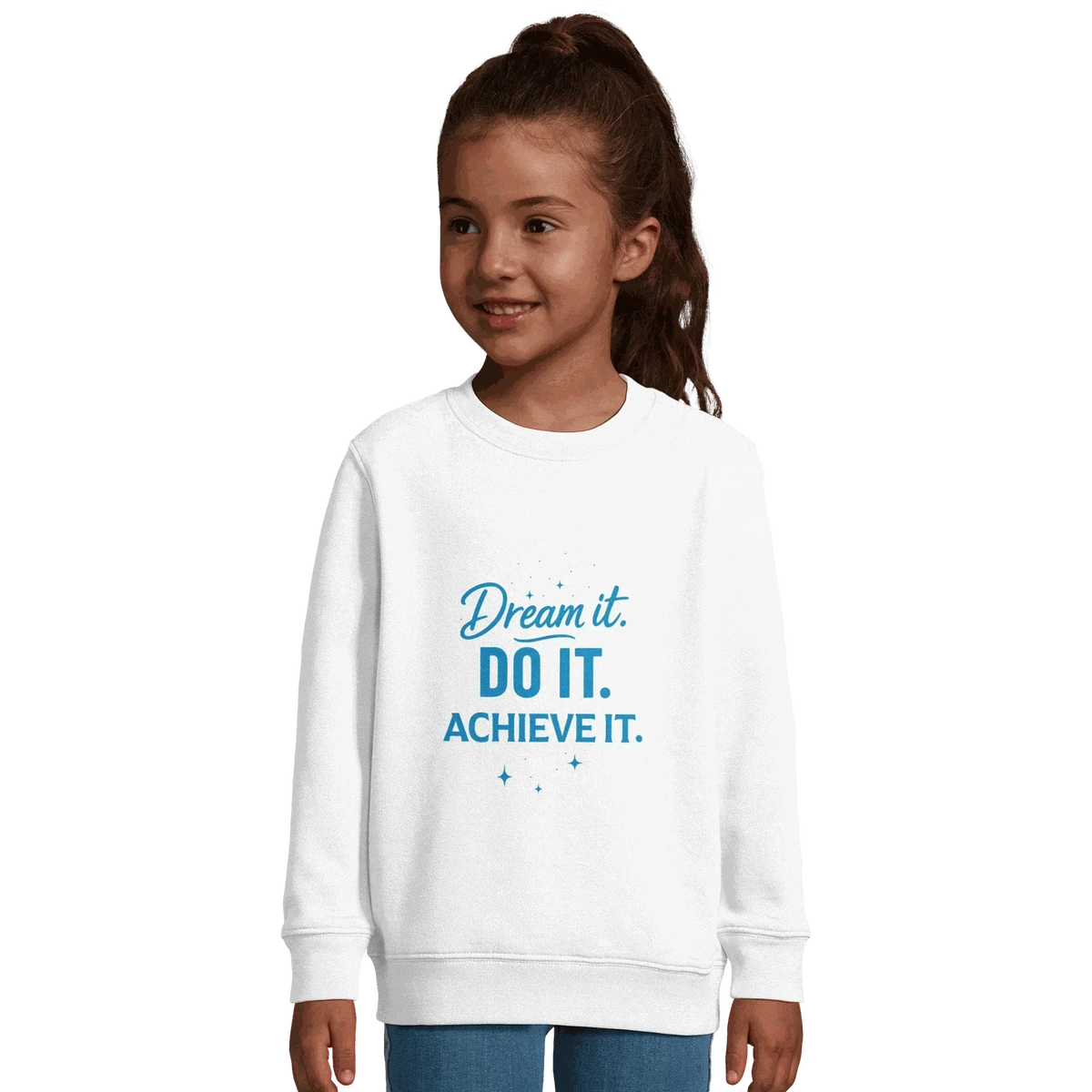 Child wearing white eco-friendly sweatshirt with blue "Dream It. DO IT. ACHIEVE IT." motivational text