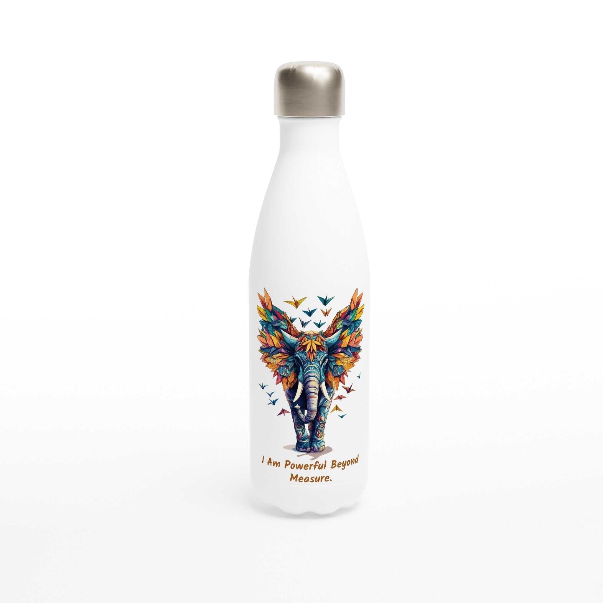 White stainless steel motivational water bottle with colorful elephant design and "I Am Powerful Beyond Measure" text, 500ml capacity.