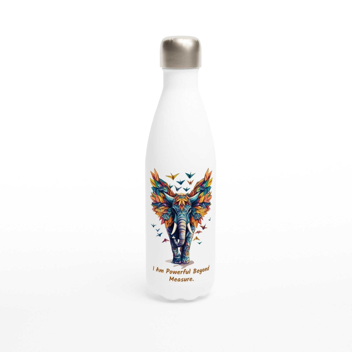 White stainless steel motivational water bottle with colorful elephant design and "I Am Powerful Beyond Measure" text, 500ml capacity.