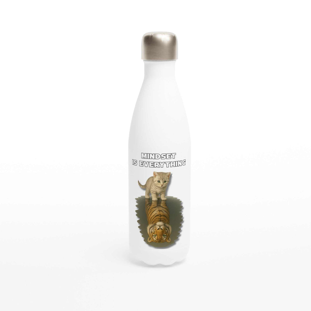 White stainless steel water bottle 500ml with "Mindset is everything" motivational text and cat-tiger design
