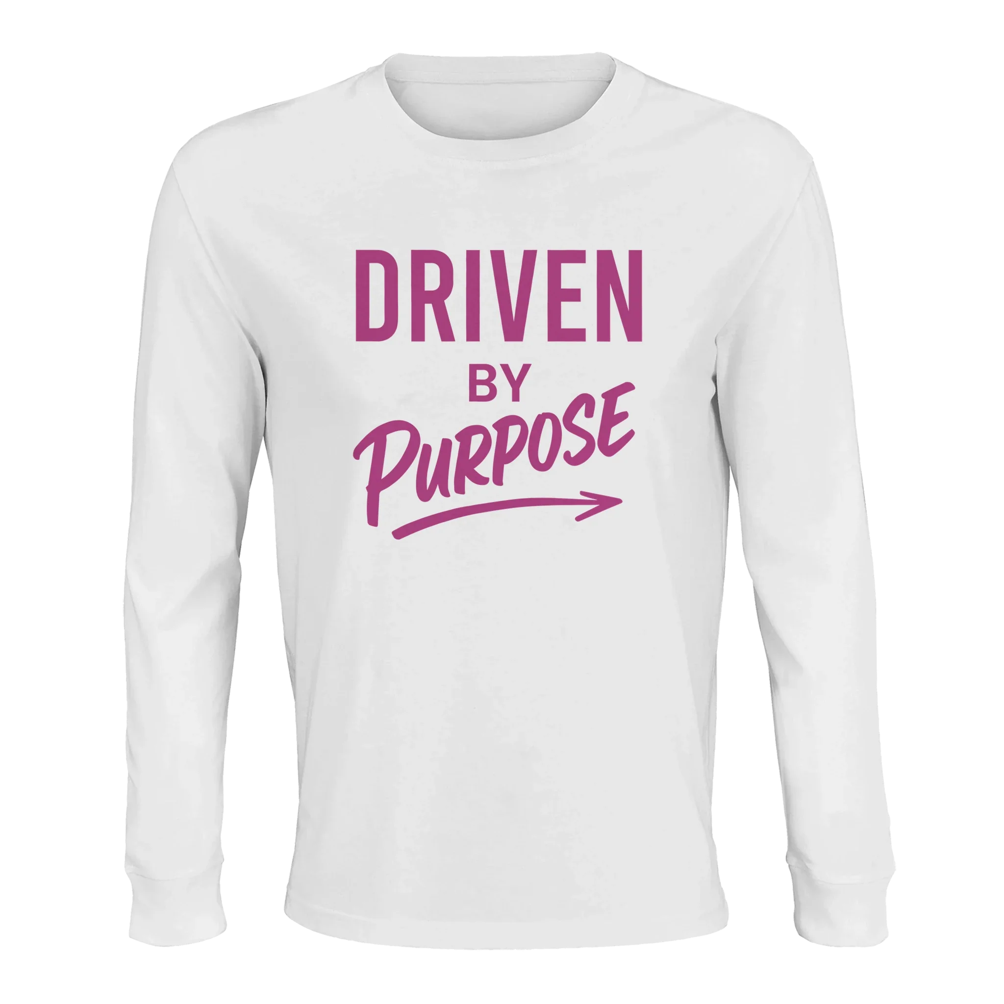 White organic cotton long sleeve t-shirt with pink "Driven by Purpose" motivational text and arrow design