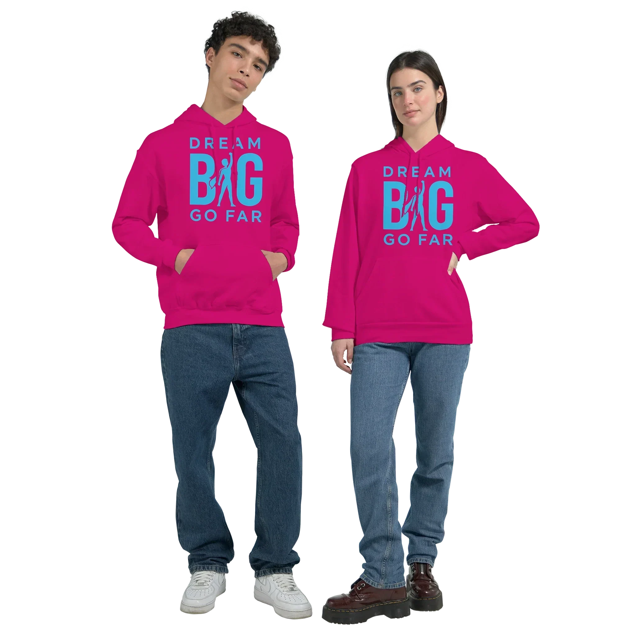 Unisex pink pullover hoodie with "Dream BIG Go Far" motivational text and graphic, comfortable cotton-polyester blend.