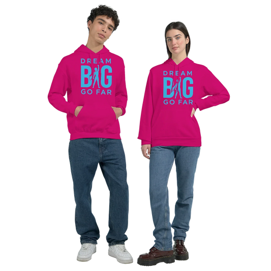 Unisex pink pullover hoodie with "Dream BIG Go Far" motivational text and graphic, comfortable cotton-polyester blend.