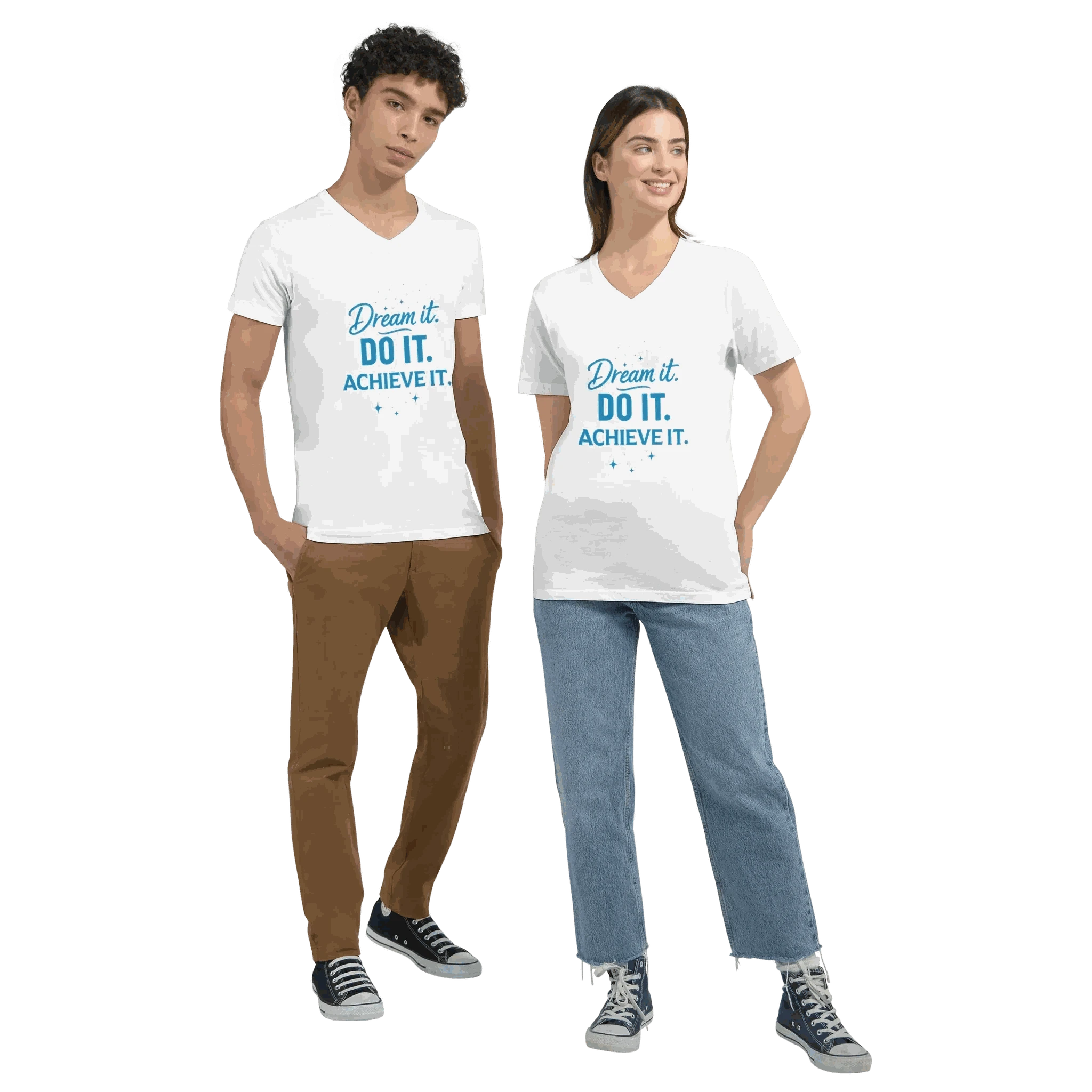 Unisex white V-neck t-shirt with blue "Dream it. DO IT. ACHIEVE IT." motivational text, worn by male and female models