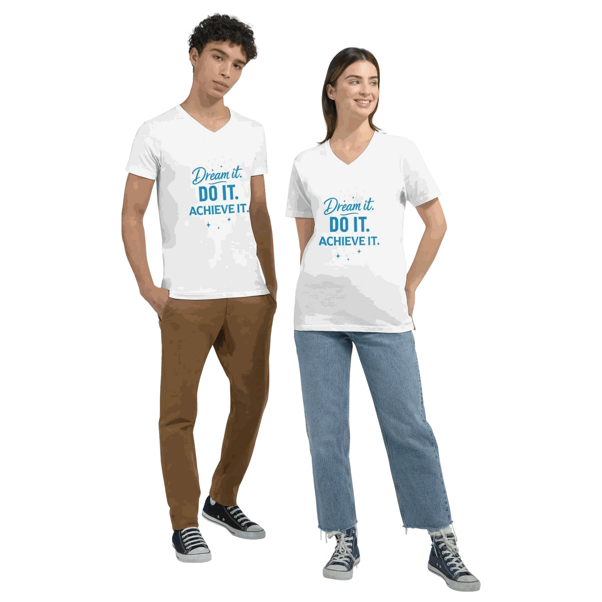 Unisex white V-neck t-shirt with blue "Dream it. DO IT. ACHIEVE IT." motivational text, worn by male and female models