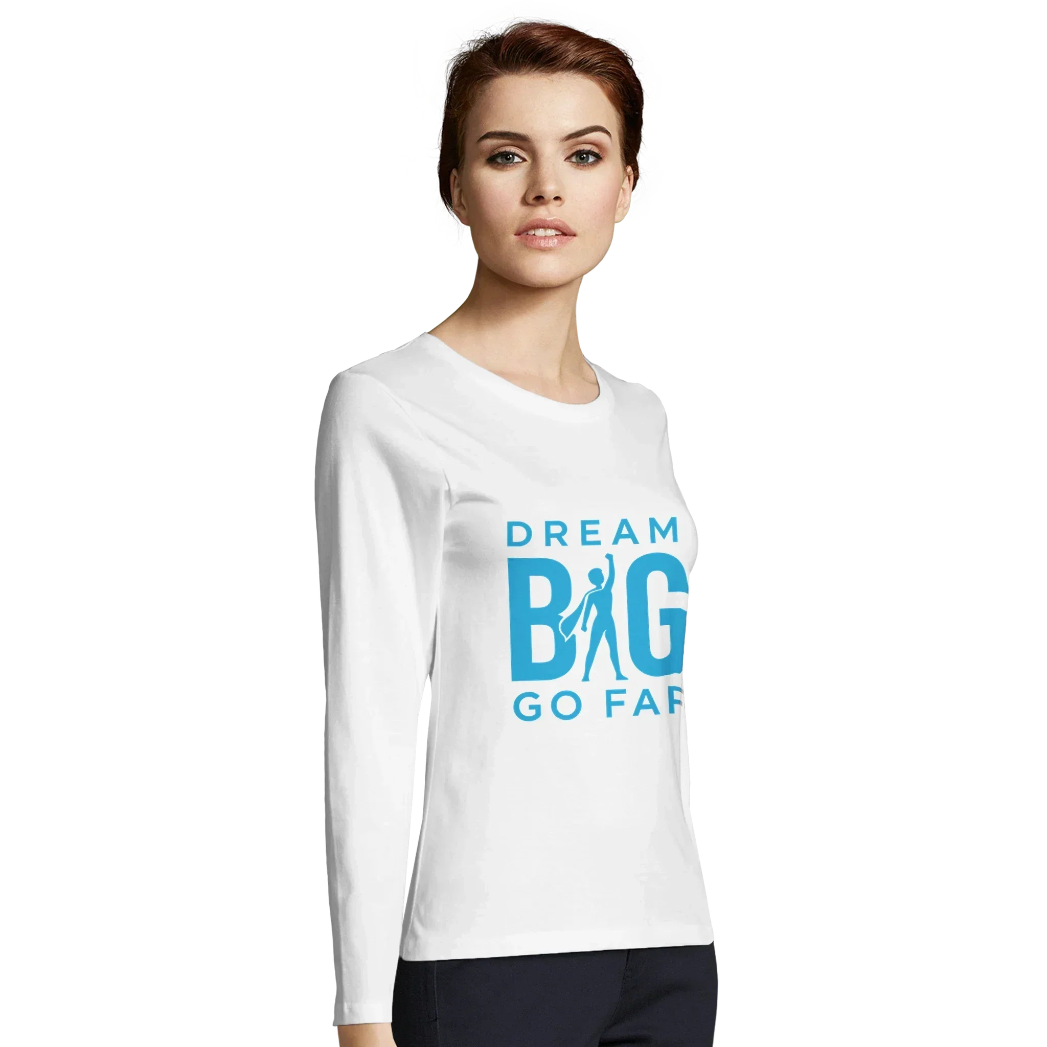 Women's white fitted long sleeve t-shirt with blue Dream BIG Go Far motivational graphic
