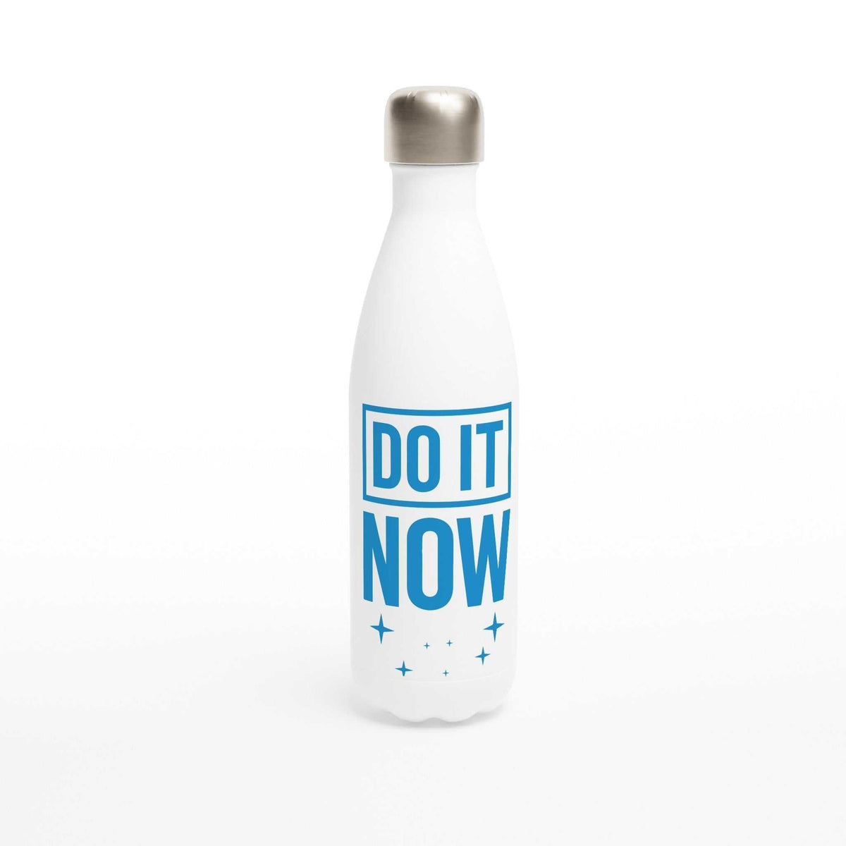 White stainless steel motivational water bottle with "DO IT NOW" blue text and silver cap, 500ml capacity.